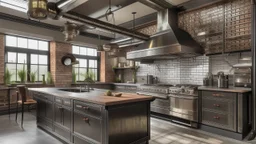Kitchen with a character whose walls, ceilings, floors, windows, doors, and furniture are inspired by the theme: metal, iron, and fire.