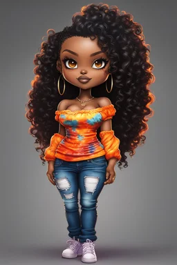 create a colorful digital urban culture art image 8k of a chibi curvy black female wearing torn jeans pants and a orange tie dye off the shoulder blouse. Prominent make up with hazel eyes. Highly detailed long tight curly PONYTAIL