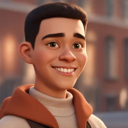 a portrait of smiling young western man. caricature. black hair. short buzz cut hair style. light skin. brown eye pupils. black thick eyebrow. small round face shape. a bit small goatee, without moustache. wear white sweater with puma logo on his sweater. pixar style. 3D. 4k. portrait. highly detailed. sharp focus. high resolution. full color. cinema lighting