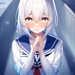 Clear focus, High resolution, medium length hair, white cyan hair, cyan eyes, wearing a sailor uniform, crying