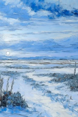 A sky blue tundra with very cold snow painted by Claude Monet