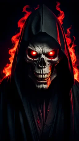 Scary figure in a black robe and with a skull-like face with red fire eyes and an open jaw looks ominously at the camera on a black background