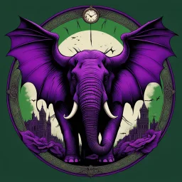 color Ink illustration by Phillipe Druilett, heavily inspired by the unsettling symbolism of Virgil Finday and Alexander Jansson, Demonic bat Winged Purple Elephant, wings coming from shoulders, large round clock embeded in the elephant's forehead, taken from a slight anglered and dark_green and black color scheme dominating the artwork, grim narrative, smooth illustration, chilling Eldritch motifs, UV reactive color slashes, textured surface, ominous representation, unsettling.