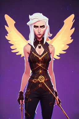 starry night, blonde steampunk angel holding staff, majestic