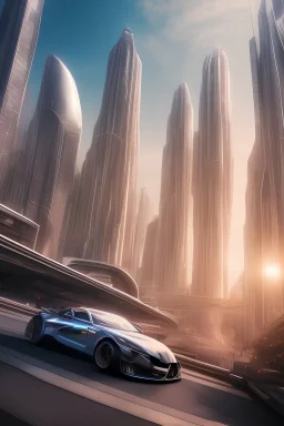 2. Create an image of a futuristic city skyline with flying cars and tall, sleek buildings.