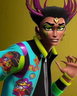 Character from Monster High, male, cannibal, body color is dark, eye color is yellow, sportswear, illustration, cartoon style