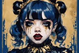 Poster in two gradually, a one side malevolent goth vampire girl face and other side the Singer Melanie Martinez face, full body, painting by Yoji Shinkawa, darkblue and gold tones,