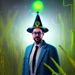 portrait of optimist scientist in lab coat, metal xmas plasma mad hat ,cell towers overgrown with plants, autmn, mist,sparks flying, spotlights, spray paint art, book , 4k, high detail