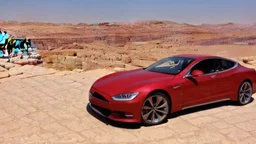 A Tesla's 'Model S Plaid' is racing at top speed, at Petra, in Jordan. CINEMATIC. WIDE ANGLE LENS.