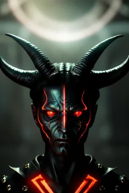 Demonic character, demon horns, demon tail, ominous, facepaint, waist up portrait, intricate, oil on canvas, masterpiece, expert, insanely detailed, 4k resolution, retroanime style, cute big circular reflective eyes, cinematic smooth, intricate detail , soft smooth lighting, soft pastel colors, painted Renaissance style