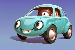 whimsical cartoon car with big eyes and a friendly smile, accompanied by various mechanical parts that form the shape of the car. The cartoon car should have a round body and a pair of big, round headlights that look like eyes. The eyes should be friendly and cute, with thick lashes and a bright sparkle. The car should also have a wide grille that forms a smile, with a row of teeth made of tiny nuts and bolts. The smile should be slightly crooked.