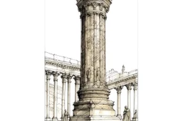 deseneaza cu penita si tus colorat cu acuarela , un sketch in stil minimal art , hasurat cu linii scurte de hasuri oblice scurte , cu mare acuratete si contrast , stil gravura pe metal reprezentand Columna lui Traiani din roma antica , in stilul miniaturilor persane