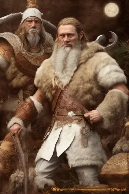 Viking style, 8K, a Highly detailed stunning portrait of Dom man with a kneeling submissive woman, white suit, beard, and short hair, bad boy,