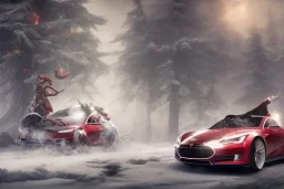 Santa claus driving his red Tesla convertible car, character design by cory loftis, fenghua zhong, ryohei hase, ismail inceoglu and ruan jia. unreal engine 5, artistic lighting, highly detailed, photorealistic, fantasy