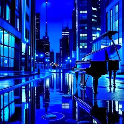 jazz vibes, reflections in blue, city at night, lonely