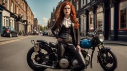 full-height portrait of a woman with straight shoulder-length auburn hair, with metal arms and legs, dressed in leather trousers, and a waistcoat, in a Victorian street next to a steampunk motorbike blue sky