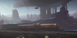 Sci-Fi Industrial Area with chimneys and trains in valley and three starship flying above