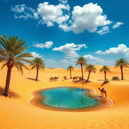 Award-winning breathtaking desert oasis, where golden sand dunes cradle a crystal-clear freshwater pool, shimmering under the sun. Palm trees sway gently around the oasis, their lush green fronds contrasting vividly with the arid surroundings. The sky is a brilliant blue, dotted with fluffy white clouds, casting soft shadows on the landscape. A family of camels roams nearby, their presence adding a touch of life and movement. The textures of the sand and water are meticulously detailed, with 64k