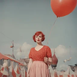 A woman with freckles, with a balloon at the circus, 1950s, red, orange, pink