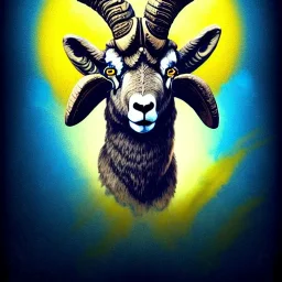 A bighorn sheep ram warrior full blue and yellow body armor with fierce and wild look, highly detailed, digital art, sharp focus, trending on art station, standing on all fours with one hoof on an american football, field of grass, background mountain peaks sunset sky of blue and yellow, design by charlie bowater, ross tran, artgerm, and makoto shinkai, detailed, colors #003594 #FFA300 #FF8200 #FFD100 throughout