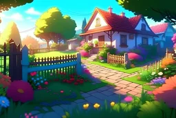 Create an inviting front yard with colorful flowers, a charming pathway, and a cutesy picket fence. Infuse subtle eerie elements, like flowers wilting in an otherworldly manner or fleeting glimpses of shadowy figures that vanish upon closer inspection. anime visual novel style