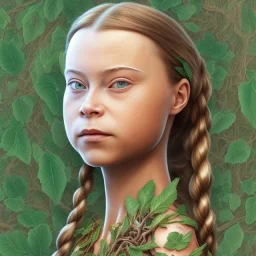  Greta Thunberg portrait olumetric leaves and gnarled branches environment and background, close-up full face portrait young girl, tattoo of leaves and gnarled branches extending past face and morphing into reality, 8k, high quality, anime, detailed eyes, intricate, digital art, detailed matte, volumetric lighting, illustration, octane render art, small minutiae, tiny features, particulars, hires, 8k, uhd, realistic shaded volumetric lighting, ambient occlusion, backlight, volumetric clouds, exa