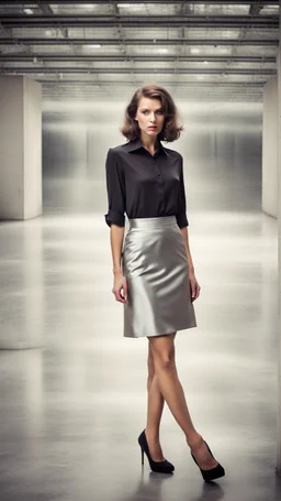 beautiful anorexic secretary, total shot, short silver satin skirt, nylons, semitransparent shirt, short brunette wavy bob hair, blurred concrete background