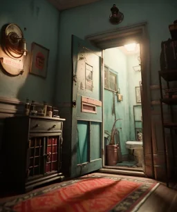 Wes Anderson photographer, night, room, monster peeking behind the ajar door, Ultra realistic, punk style, wide angle view, soft color, highly detailed, unreal engine 5, ray tracing, RTX, lumen lighting, ultra detail, volumetric lighting, 3d, finely drawn, high definition.