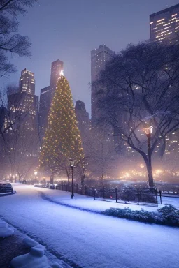 Central park, Realistic night christmas, snow, 4k, big tree christimas, intricate, bump