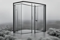 a surreal open glass gate in a glass wall with a view of a desolate landscape, fog, storm, infrared filter, strong contrasts, by artist "Leonora Carrington",by artist "Zaha Hadid""