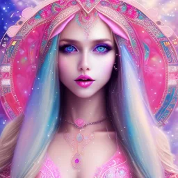 beautiful, soft, smiling face, whole head, long straight blonde hair blues eyes, crown on the head, clothing in transparent bluish and pink veil, background brillante bluish and pink, hight definition, 8K