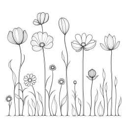 set of grow wind flower on the grace, SIMPLE ONE lineS art, white background, minimalis, different view, only white bakcground solid.