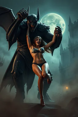 Lord Aegon Devereaux the horrifyingly large, muscular, evil vampire bat monster grabbed underwear clad Rexanne Stark by the throat in one hand and lifted her off the ground, an extreme expression of fear crossed her face, she screamed at the top of her lungs, she kicked and flailed, dust, fog, mist, Moonlight, darkness, eerie Castle, Sinister, terrifying atmosphere, graphic, cinematic, 4k, epic, sharp focus, hyperrealism, detailed character design,