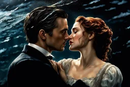 scene depicting the heartbreaking moment when Jack and Rose say their final goodbyes on the sinking Titanic. The ship is almost completely submerged, with chaos and panic all around as passengers scramble to find safety. Jack and Rose cling to each other, their love shining through the darkness of the impending disaster. Jack's voice is filled with emotion as he urges Rose to leave on the rescue boat, promising to never forget her. The scene captures the raw emotion of their farewell amidst the