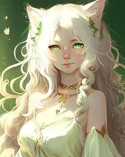Neko girl, wavy white hair, white cat ears, golden accents, green eyes, long dress