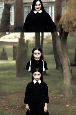 Wednesday Addams kept close to Morticia's side. Though still in her usual somber colors, the young girl had chosen to dress according to Dior's aesthetic rather than her family's customary severe style. Wednesday wore a fit-and-flare dress hitting below the knees, made of finely ribbed wool in a muted charcoal. Three-quarter sleeves and a high lace collar lent it an air of mystery. At the waist was tied a wide sash of deepest navy silk, swaying gently as she walked. On her narrow feet were oxfor