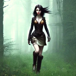 steampunk, dark forest, black hair, long legs, leather clothes