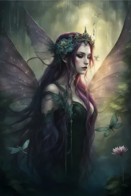 Red hair , dark red, dark Fairy wings Purple hair,water lilies,dark fairy ,ldark red hair princess,nymph,elven crown,dragonflies,tiara,,gothic,glitter,rapunzel hair, very long hair,green eyes