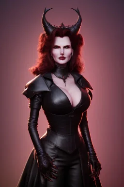 Geena Davis as evil queen in black leather, leather, busty, cleavage, angry, rage, stern look. character design by cory loftis, fenghua zhong, ryohei hase, ismail inceoglu and ruan jia. unreal engine 5, artistic lighting, highly detailed, photorealistic, fantasy