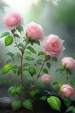 74. Watercolor, a bush of delicate pink roses, an ultra-detailed plant, morning, rain, beautiful landscape, fog, many details, delicate sensuality, realistic, high quality, 3d, work of art, hyperdetalization, filigree, hazy haze background, hyperrealism, professional, transparent, delicate pastel tones, back lighting, contrast, fantastic, unreal, translucent, glowing, clear lines, epic fabulous, fabulous landscape, hyperrealism