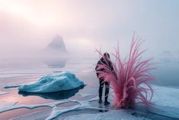 splash screen, alien landscape with a couple , iced lake, fog, cold colors, metallic tones, scifi style, fade colors, utopistic vibe