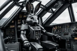 Black rabbit in the pilot seat of a rabbit mecha. Photograph.