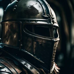 a strong warrior wearing knight face helmet, distant Macro shot, adobe lightroom cinematic filter,