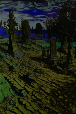 A dark purple graveyard with tombstones covered in dirt painted by Vincent van Gogh