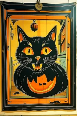 Vintage store front poster, Halloween, cat inside pumpkin