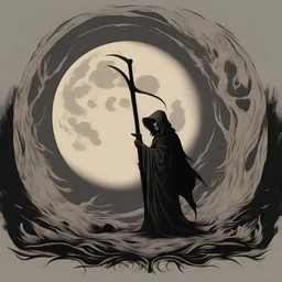 a minimal logo for a brand called "Reaper's Moon Digital Art" perfect text, simple, grim reaper skull superimposed over a full moon