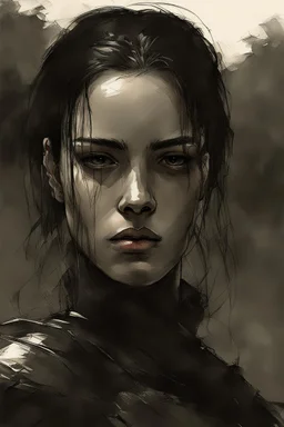 A formidable warrior girl in black armor, on the background Amazing gloomy landscape, flooded with sunset, mountains, trees, fabulous scary hero, , juicy emotions, painting, dark fantasy, gloomy day, dark world, portrait, A Quick Pencil Sketch Of A Portrait Of A 20 Years Old Woman; By Alex Maleev