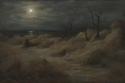 night, mistery and enigmatic, dry weeds, new age influence, disturbing and horror, rocks, epic, hans am ende, juliette wytsman, gustave de smet, and jenny montigny impressionism paintings