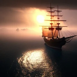 photo of a ultra realistic sailing ship, dramatic light, pale sunrise, cinematic lighting, battered, low angle, trending on artstation, 4k, hyper realistic, focused, extreme details, unreal engine 5, cinematic, masterpiece, art by studio ghibli, intricate artwork by john william turner