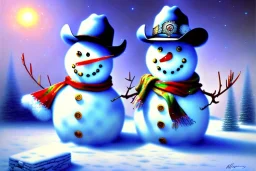 Impressionism, Romanticism, acrylic paint, pastel colors, cowboy snowman, Fine detail, Fine art